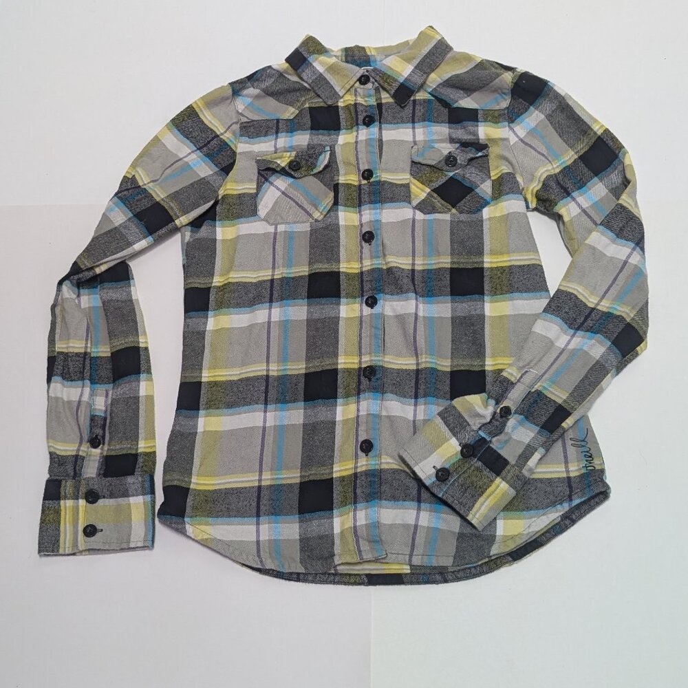 O'Neill Women's Flannel Plaid Yellow Grey Black Turquoise Purple Shirt Size XL